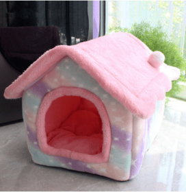 Foldable Dog House Pet Cat Bed Winter Dog Villa Sleep Kennel Removable Nest Warm Enclosed Cave Sofa Pets Supplies (Option: Pink starry sky-Large)