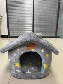 Foldable Dog House Pet Cat Bed Winter Dog Villa Sleep Kennel Removable Nest Warm Enclosed Cave Sofa Pets Supplies (Option: Grey stars Blue-Small)